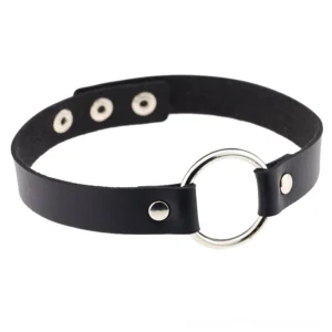 Black PU leather gothic choker with silver metal O-ring and adjustable snap buttons, flat lay on white background