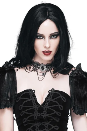 Black gothic beaded choker necklace with feather lace shoulder drape worn by model - front view