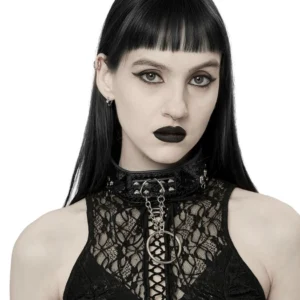 Black python grain gothic choker with rivets and chains worn by goth model, front studio view showing detailed choker design