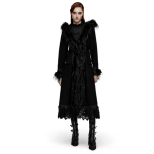 Black faux cashmere gothic coat with scalloped lace hem and faux fur trim - front view on model