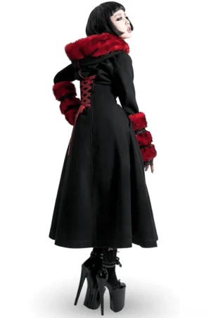 Back view of gothic women's coat showing intricate red ribbon lace-up corset back detail and layered red faux fur trim