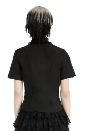 Black gothic stand collar blouse back view showing fitted silhouette and ruffled collar trim on model