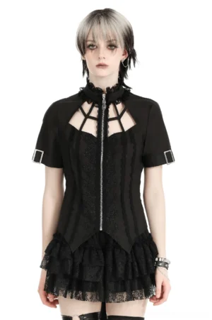 Black gothic stand collar blouse front view with lace cutout chest detail and metal zipper closure on white background
