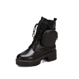 Black gothic lace-up combat boots with zippered side pocket and chunky platform sole, front three-quarter view