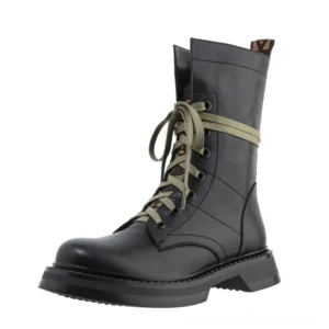 All-black genuine leather mid-calf platform combat boots with lace-up design, front view on white background