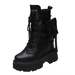 Black lace-up platform combat boots with side pocket and zipper, front three-quarter view on white background
