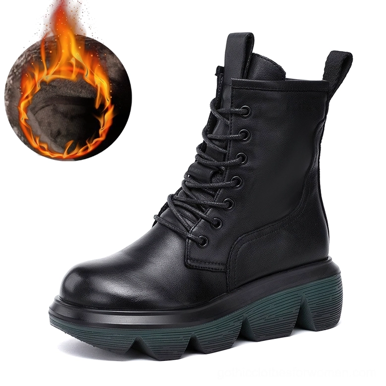 Black leather gothic platform combat boots with warm plush lining badge, thick anti-slip sole detail