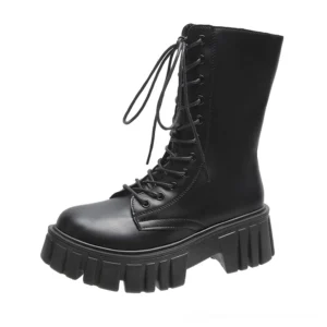 Black platform lace-up gothic combat ankle boots side view with chunky lug sole and round toe design