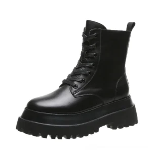 Black gothic platform combat boots with square toe and chunky lug sole, left frontal side view showcasing lace-up design and smooth leather