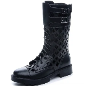 Black genuine leather gothic combat pumps with dual metal buckle straps, lace-up closure, and rhombus cutout vamp design front view