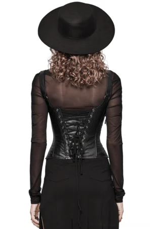 Black gothic corset back view showing crisscross lace-up design and structure on model with curly hair