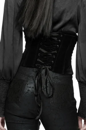 Black gothic corset back detail showing adjustable lace-up ribbon closure and high-waist cincher design on model