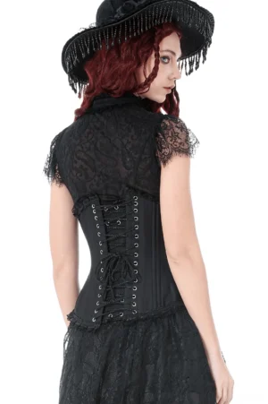 Black gothic corset back view showing metal eyelet lace-up closure and delicate lace trim hem detail