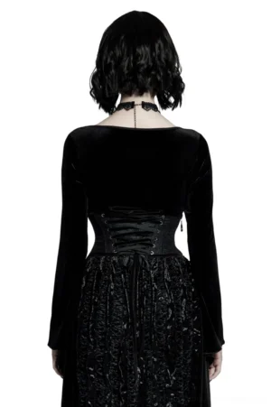 Black gothic corset back lace-up view on model with long sleeves and velvet details