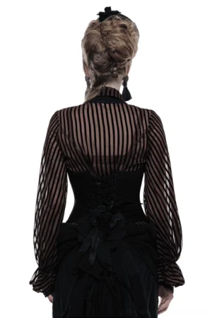 Gothic black corset layered with sheer striped blouse, back view showing lace-up closure and bustle ruffle detail