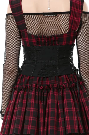 Back view of black gothic waist corset with lace-up ribbon straps and mesh detailing