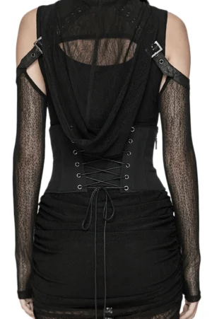 Back view of black gothic corset belt showing braided lace-up closure and metal eyelet detailing