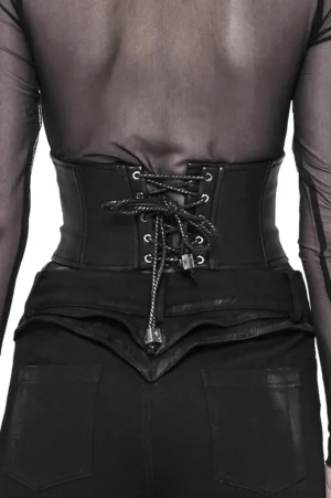 Adjustable lace-up back closure of black PU waist girdle, gothic corset belt with metal grommets and rope lacing
