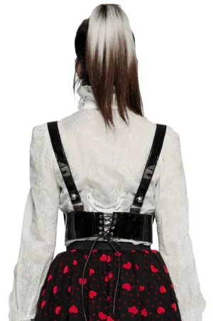 Black glossy PU leather gothic corset belt with lace-up back closure and metal hardware, back view
