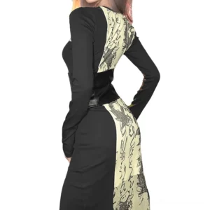 Back view of black faux leather gothic corset belt on model wearing printed dress, demonstrating underbust placement and versatile styling