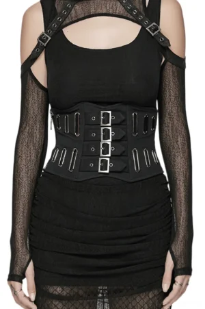 Black gothic corset belt with front metal buckles and oval eyelets worn by fashion model in front full-body view