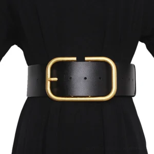 Black genuine leather gothic wide corset belt with gold rectangular metal buckle, front view on mannequin