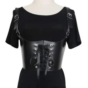 Black PU leather lace-up gothic corset belt with adjustable shoulder straps worn on mannequin front view