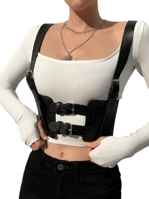 Black gothic corset belt front view on model - punk style harness with dual adjustable buckles and shoulder straps