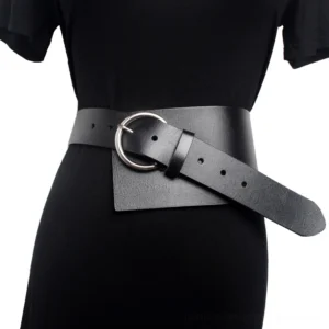 Black PU leather gothic corset waist belt with silver circular buckle worn on female model, front view