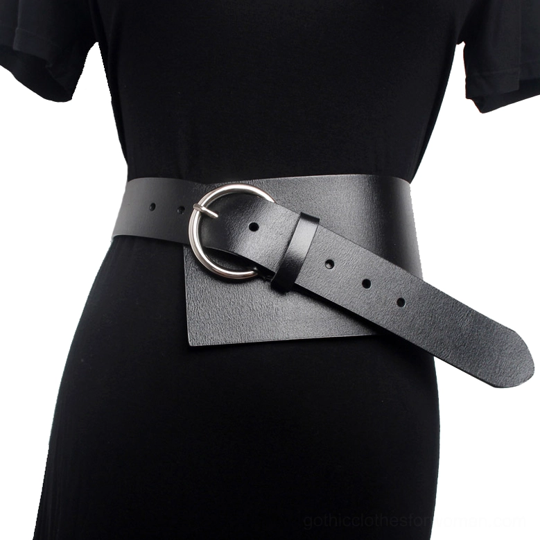 Black PU leather gothic corset waist belt with silver circular buckle worn on female model, front view