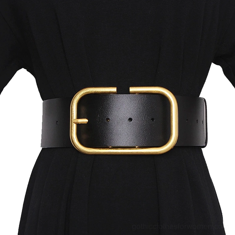 Black genuine leather gothic wide corset belt with gold rectangular metal buckle, front view on mannequin