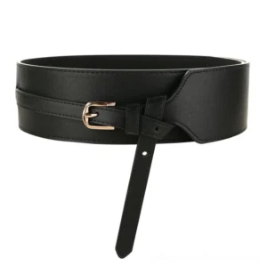 Black gothic wide corset belt with gold buckle - front flat lay view