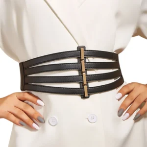 Black gothic corset belt with gold metal buckle worn over white formal blazer, demonstrating styled wide waist seal