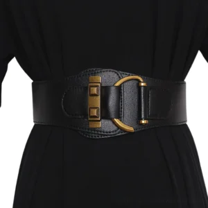 Black gothic corset-inspired wide leather belt with antique gold D-ring buckle worn on female model