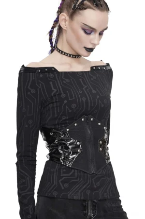Black woven gothic corset belt with silver rivets worn on female model with cyberpunk styling, front three-quarter view