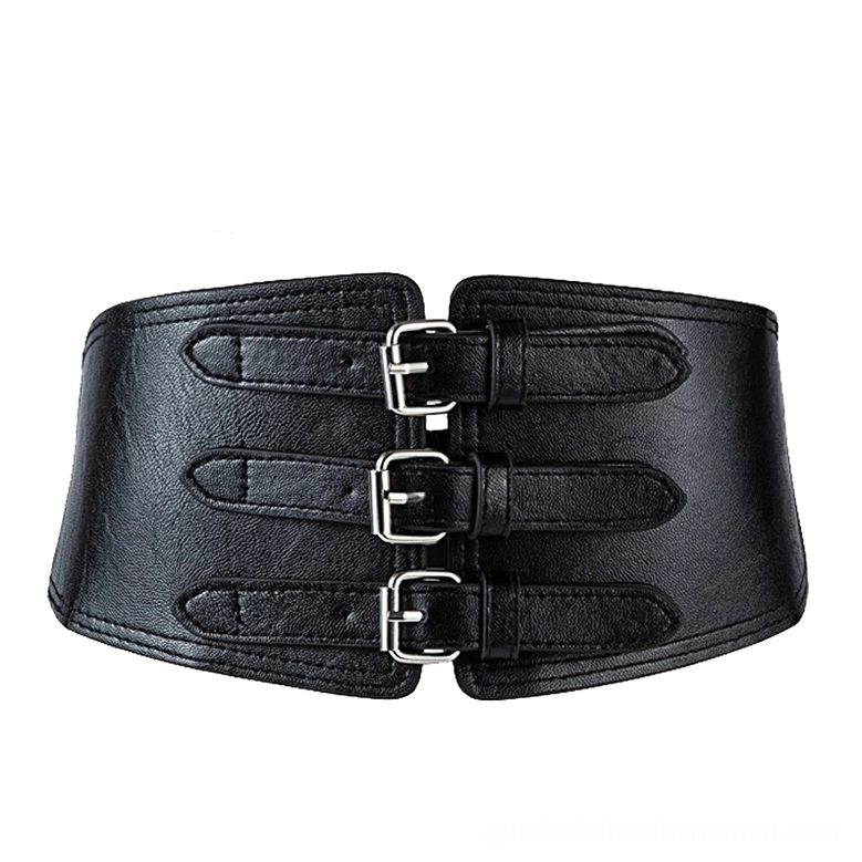 Black wide gothic corset belt with triple silver buckles, front flat lay view