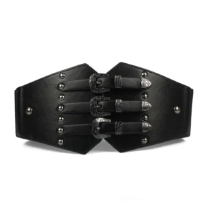 Black Gothic Corset Wide Waist Belt with Triple Retro Metal Buckles - Front Flat Lay View