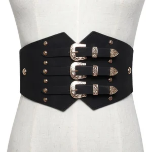 Black wide PU leather gothic corset belt with triple glitter gold buckles and rivet accents, displayed on dress form