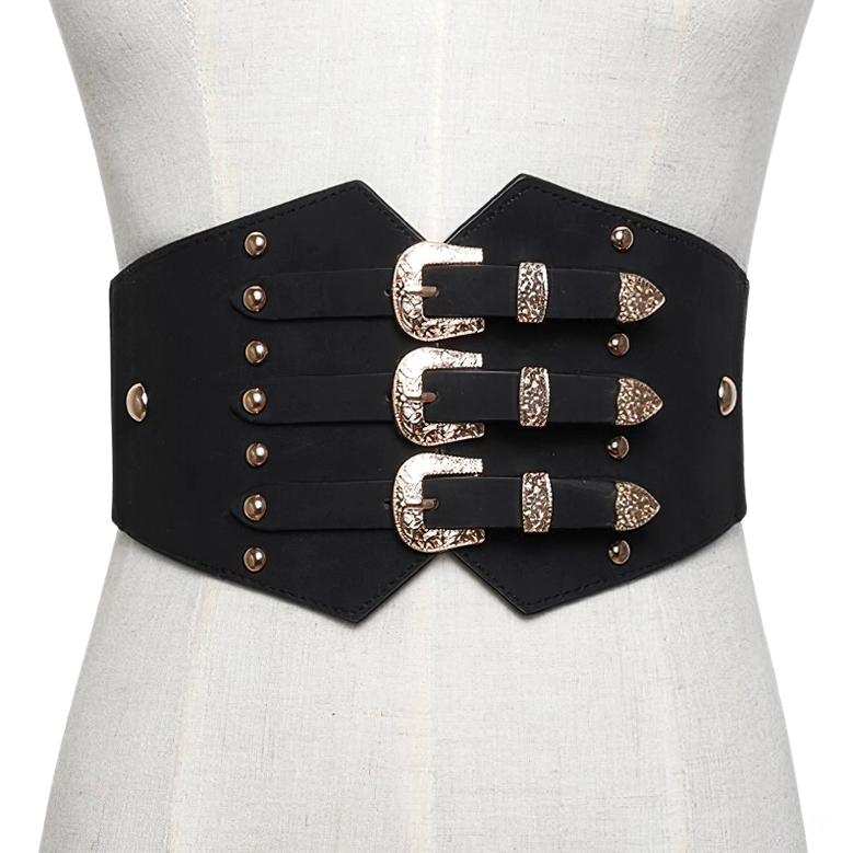 Black wide PU leather gothic corset belt with triple glitter gold buckles and rivet accents, displayed on dress form
