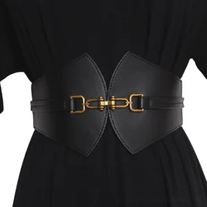Black gothic corset waist belt with vintage gold double buckles - front waist view on model