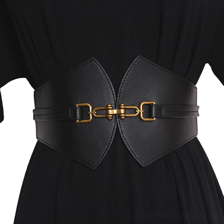Black gothic corset waist belt with vintage gold double buckles - front waist view on model
