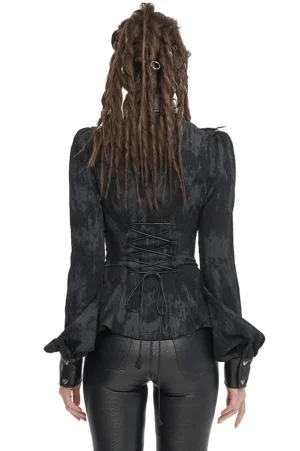 Black gothic corset blouse back view showing full lace-up corset design and fitted silhouette