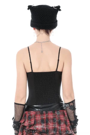 Black gothic corset cami top back view showing smocked stretch panel and spaghetti straps, styled with layered plaid skirt and fishnet gloves