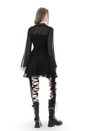 Black gothic dress rear view showcasing asymmetrical handkerchief hem and flowing chiffon sleeves from back