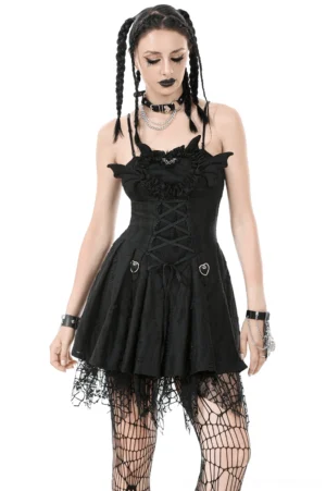 Black gothic lace corset mini dress with bat wing collar and heart metal clips - front full body view on model with twin braids
