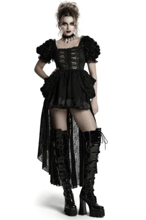 Black gothic corset dress with puff sleeves and 3D embroidered lace worn by model in three-quarter view, paired with platform boots and gothic styling