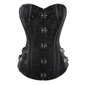 Black gothic corset close-up detail showing double row metal claw fasteners and adjustment buckles