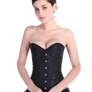 Black gothic corset with front hook closure and open shoulders, displaying jacquard fabric texture and structured boning for firm control