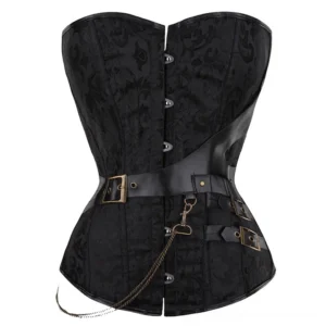 Black faux leather gothic corset flat lay front, showcasing jacquard texture, decorative chain details, and metal hardware
