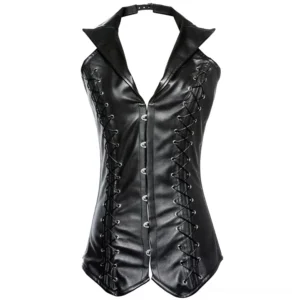 Black steel-boned halter corset flat lay front view showing lapel collar and front lace-up design detail